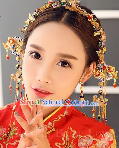 Top Grade Chinese Handmade Wedding Jade Hair Accessories and Earrings, Traditional China Xiuhe Suit Phoenix Coronet Bride Headwear Hairpins Complete Set for Women