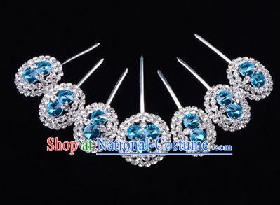 Chinese Ancient Peking Opera Head Accessories Young Lady Diva Crystal Blue Hairpins Complete Set, Traditional Chinese Beijing Opera Hua Tan Hair Clasp Head-ornaments