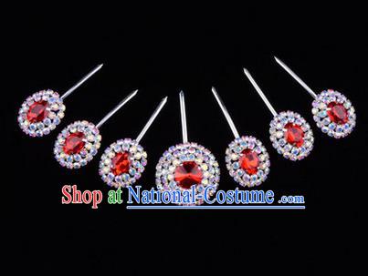 Chinese Ancient Peking Opera Head Accessories Young Lady Diva Colorful Crystal Red Hairpins Complete Set, Traditional Chinese Beijing Opera Hua Tan Hair Clasp Head-ornaments