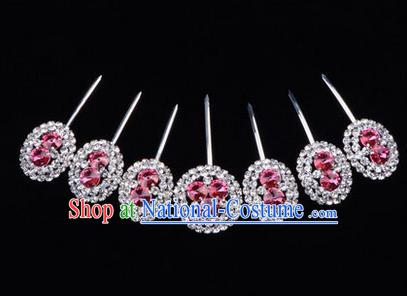 Chinese Ancient Peking Opera Head Accessories Young Lady Diva Crystal Pink Hairpins Complete Set, Traditional Chinese Beijing Opera Hua Tan Hair Clasp Head-ornaments