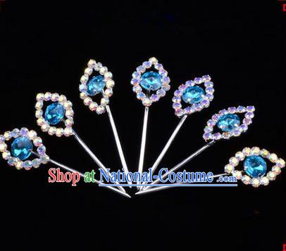 Chinese Ancient Peking Opera Head Accessories Young Lady Diva Colorful Crystal Blue Hairpins Complete Set, Traditional Chinese Beijing Opera Hua Tan Hair Clasp Head-ornaments