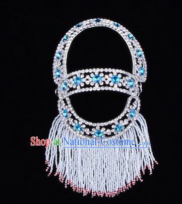 Chinese Ancient Peking Opera Head Accessories Young Lady Diva Blue Hairpins Back Temples Curtain, Traditional Chinese Beijing Opera Hua Tan Hair Clasp Head-ornaments