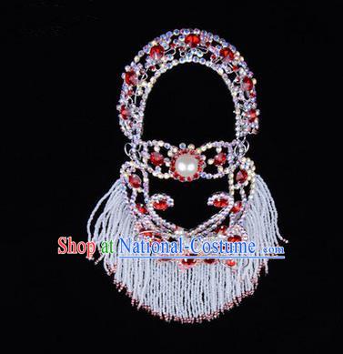 Chinese Ancient Peking Opera Head Accessories Young Lady Diva Red Pearl Hairpins Back Temples Curtain, Traditional Chinese Beijing Opera Hua Tan Hair Clasp Head-ornaments