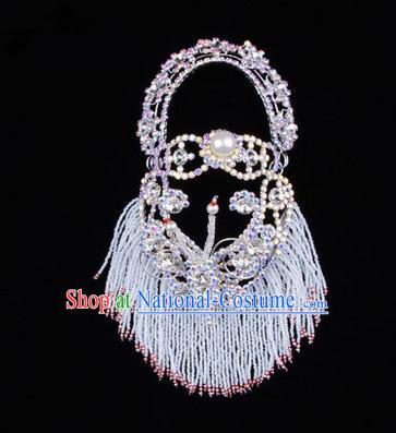 Chinese Ancient Peking Opera Head Accessories Young Lady Diva White Pearl Hairpins Back Temples Curtain, Traditional Chinese Beijing Opera Hua Tan Hair Clasp Head-ornaments