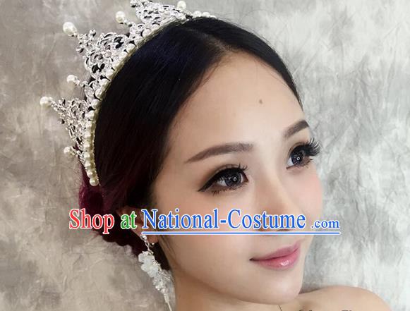 Top Grade Handmade Wedding Bride Hair Accessories Crown, Traditional Baroque Queen Pearl Crystal Royal Crown Wedding Headpiece for Women