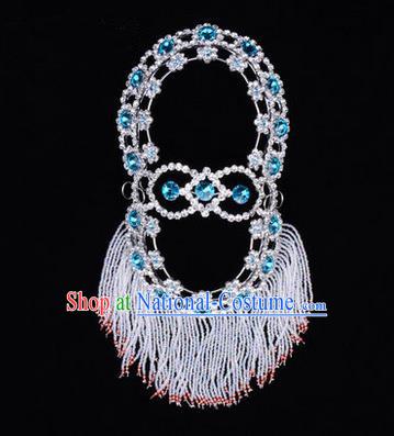 Chinese Ancient Peking Opera Head Accessories Young Lady Diva Blue Crystal Hairpins Back Temples Curtain, Traditional Chinese Beijing Opera Hua Tan Hair Clasp Head-ornaments