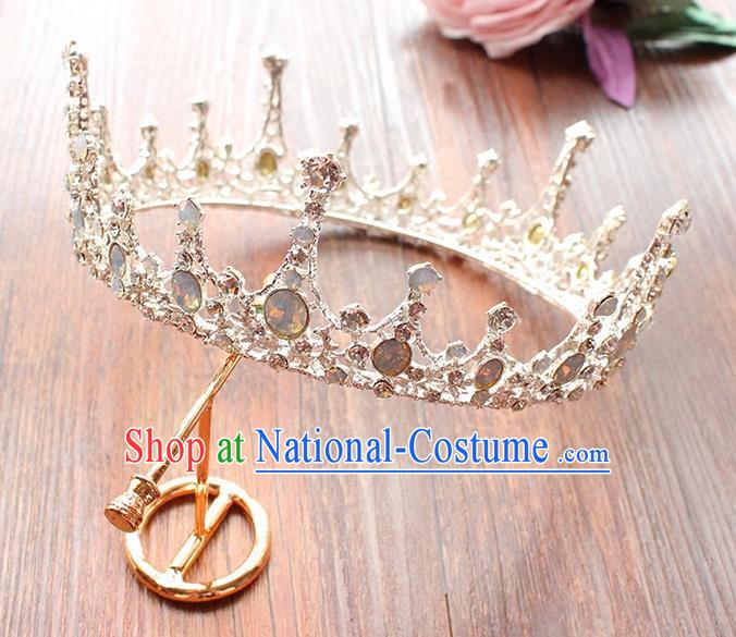 Top Grade Handmade Wedding Bride Hair Accessories Round Opal Crown, Traditional Baroque Princess Crystal Royal Crown Wedding Headpiece for Women