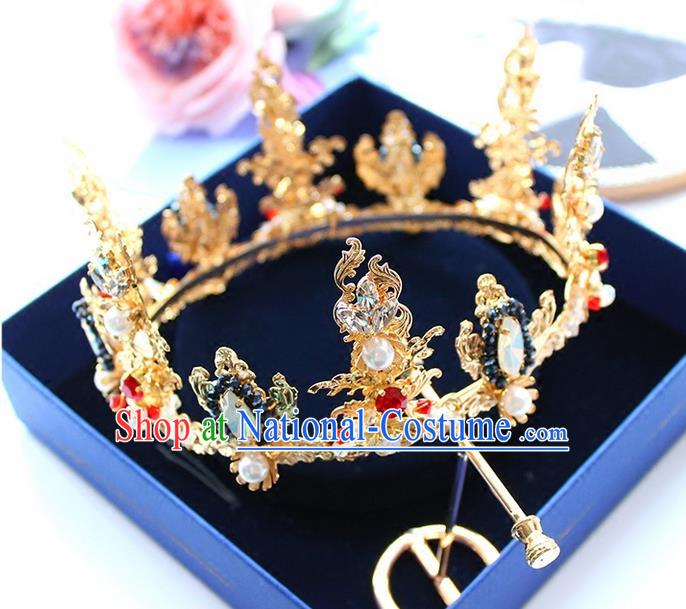 Top Grade Handmade Wedding Bride Hair Accessories Luxury Queen Golden Crown, Traditional Baroque Princess Crystal Royal Crown Wedding Headpiece for Women