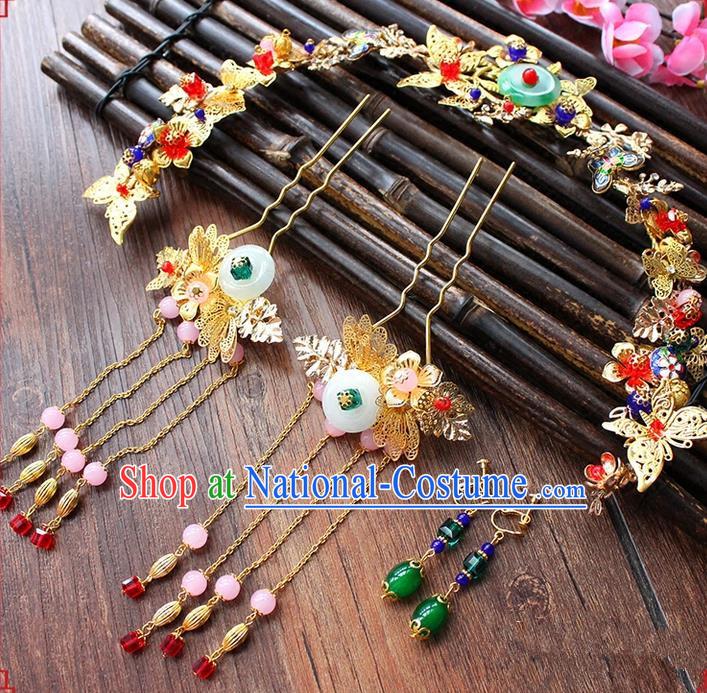 Top Grade Chinese Handmade Wedding Jade Hair Accessories, Traditional China Xiuhe Suit Phoenix Coronet Bride Headwear Hairpins Complete Set for Women