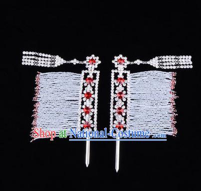 Chinese Ancient Peking Opera Head Accessories Young Lady Diva Red Crystal Hairpins Temples Curtain, Traditional Chinese Beijing Opera Hua Tan Hair Clasp Head-ornaments