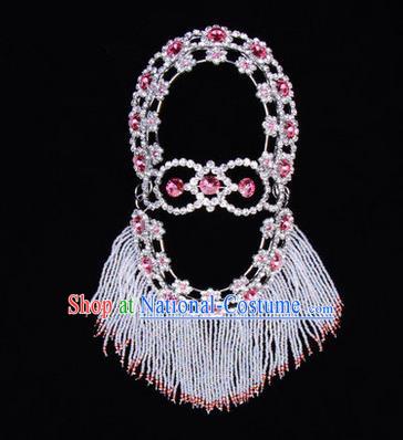 Chinese Ancient Peking Opera Head Accessories Young Lady Diva Pink Crystal Hairpins Back Temples Curtain, Traditional Chinese Beijing Opera Hua Tan Hair Clasp Head-ornaments