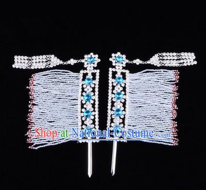 Chinese Ancient Peking Opera Head Accessories Young Lady Diva Blue Crystal Hairpins Temples Curtain, Traditional Chinese Beijing Opera Hua Tan Hair Clasp Head-ornaments