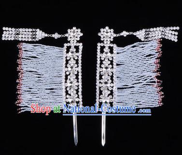 Chinese Ancient Peking Opera Head Accessories Young Lady Diva White Crystal Hairpins Temples Curtain, Traditional Chinese Beijing Opera Hua Tan Hair Clasp Head-ornaments