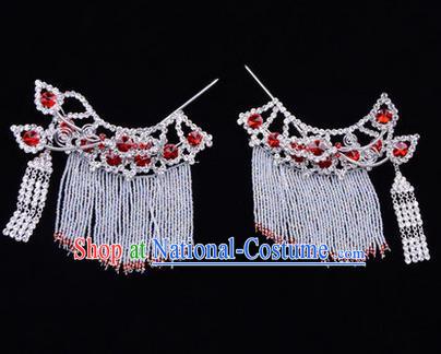 Chinese Ancient Peking Opera Head Accessories Diva Red Crystal Tassel Hairpins Temples Curtain, Traditional Chinese Beijing Opera Princess Hua Tan Hair Clasp Head-ornaments