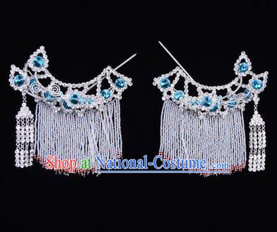 Chinese Ancient Peking Opera Head Accessories Diva Blue Crystal Tassel Hairpins Temples Curtain, Traditional Chinese Beijing Opera Princess Hua Tan Hair Clasp Head-ornaments