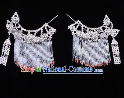 Chinese Ancient Peking Opera Head Accessories Diva White Crystal Tassel Hairpins Temples Curtain, Traditional Chinese Beijing Opera Princess Hua Tan Hair Clasp Head-ornaments