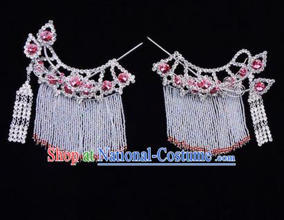 Chinese Ancient Peking Opera Head Accessories Diva Pink Crystal Tassel Hairpins Temples Curtain, Traditional Chinese Beijing Opera Princess Hua Tan Hair Clasp Head-ornaments