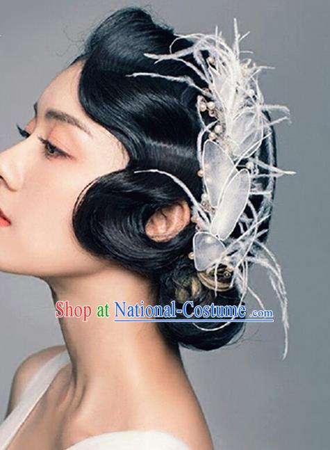 Top Grade Handmade Wedding Bride Hair Accessories Headwear, Traditional Princess Baroque Feather Hair Clasp Headpiece for Women