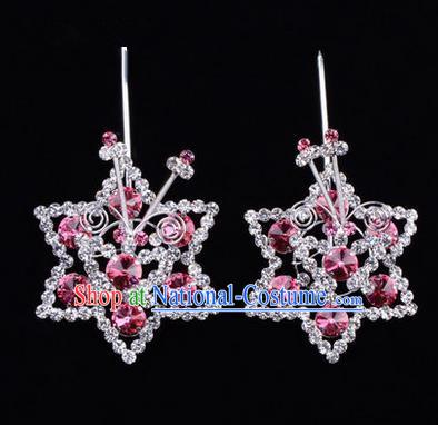 Chinese Ancient Peking Opera Head Accessories Diva Pink Crystal Hexagonal Hairpins, Traditional Chinese Beijing Opera Princess Hua Tan Hair Clasp Head-ornaments