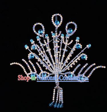 Chinese Ancient Peking Opera Head Accessories Diva Blue Crystal Phoenix Hairpins Step Shake, Traditional Chinese Beijing Opera Princess Hua Tan Hair Clasp Head-ornaments