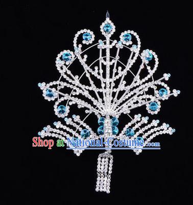 Chinese Ancient Peking Opera Head Accessories Diva Blue Tassel Crystal Phoenix Hairpins Step Shake, Traditional Chinese Beijing Opera Princess Hua Tan Hair Clasp Head-ornaments