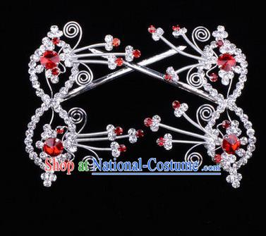 Chinese Ancient Peking Opera Head Accessories Diva Red Crystal Bowknot Hairpins, Traditional Chinese Beijing Opera Princess Hua Tan Hair Clasp Head-ornaments