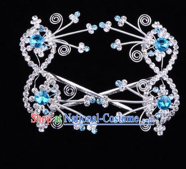 Chinese Ancient Peking Opera Head Accessories Diva Blue Crystal Bowknot Hairpins, Traditional Chinese Beijing Opera Princess Hua Tan Hair Clasp Head-ornaments