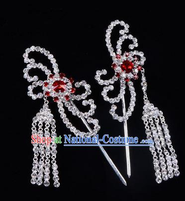 Chinese Ancient Peking Opera Head Accessories Diva Red Crystal Hairpins Tassel Step Shake, Traditional Chinese Beijing Opera Princess Hua Tan Hair Clasp Head-ornaments