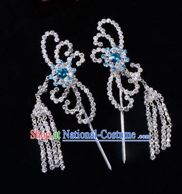 Chinese Ancient Peking Opera Head Accessories Diva Blue Crystal Hairpins Tassel Step Shake, Traditional Chinese Beijing Opera Princess Hua Tan Hair Clasp Head-ornaments