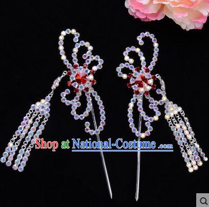 Chinese Ancient Peking Opera Head Accessories Diva Red Colorful Crystal Hairpins Tassel Step Shake, Traditional Chinese Beijing Opera Princess Hua Tan Hair Clasp Head-ornaments