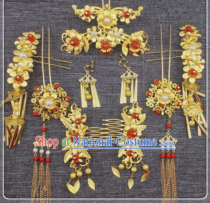 Top Grade Chinese Handmade Wedding Hair Accessories, Traditional China Xiuhe Suit Phoenix Coronet Bride Tassel Hairpins Complete Set for Women