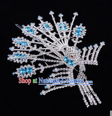 Chinese Ancient Peking Opera Head Accessories Diva Crystal Phoenix Hairpins Blue Tassel Step Shake, Traditional Chinese Beijing Opera Princess Hua Tan Hair Clasp Head-ornaments