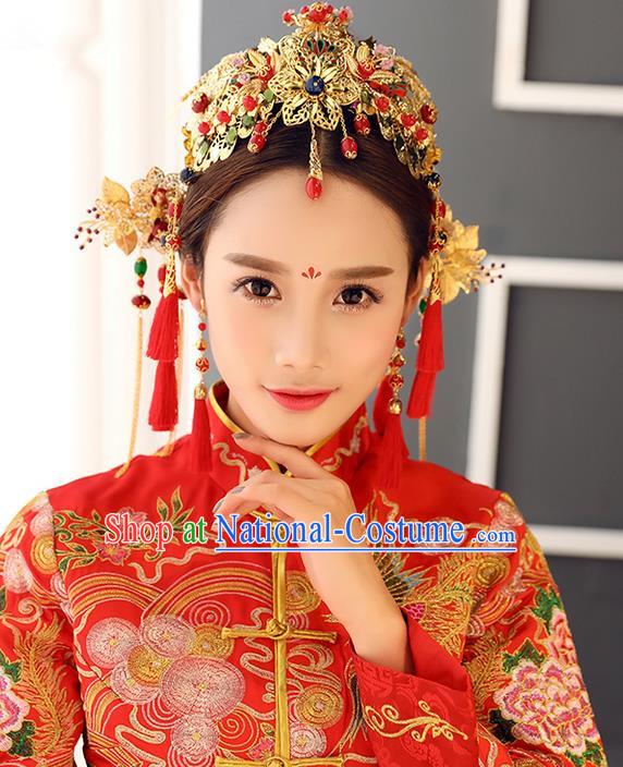 Top Grade Chinese Handmade Wedding Hair Accessories, Traditional China Xiuhe Suit Phoenix Coronet Bride Hanfu Tassel Hairpins Complete Set for Women