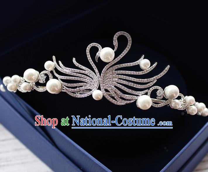 Top Grade Handmade Wedding Bride Hair Accessories Swan Zircon Crown, Traditional Baroque Queen Crystal Pearl Royal Crown Wedding Headpiece for Women