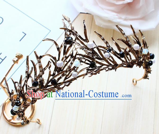 Top Grade Handmade Wedding Bride Hair Accessories Black Crown, Traditional Baroque Queen Pearl Royal Crown Wedding Headpiece for Women