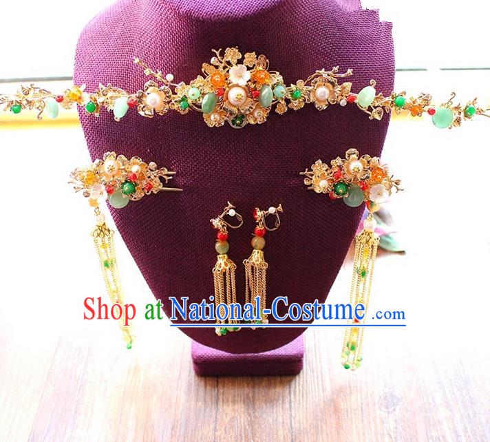 Top Grade Chinese Handmade Wedding Jade Hair Accessories Complete Set, Traditional China Xiuhe Suit Bride Hanfu Tassel Hairpins Headwear for Women