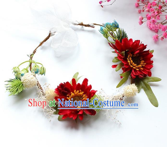 Top Grade Handmade Wedding Bride Hair Accessories Headwear Garland, Traditional Princess Crystal Wedding Red Flowers Headpiece for Women