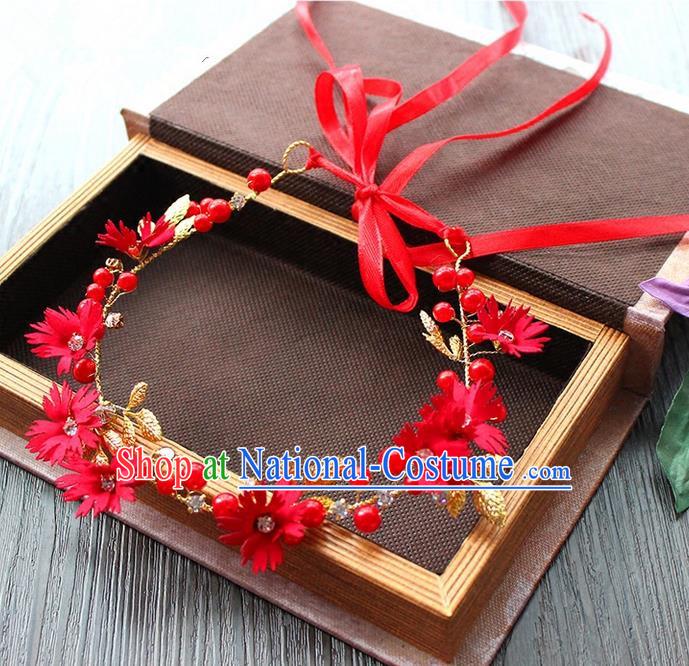 Top Grade Handmade Wedding Bride Hair Accessories Hair Band, Traditional Princess Wedding Red Flowers Hair Clasp Headwear for Women