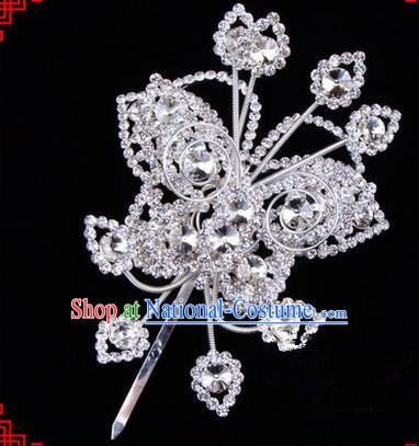 Chinese Ancient Peking Opera Head Accessories Diva Crystal Butterfly Hairpins White Step Shake, Traditional Chinese Beijing Opera Princess Hua Tan Hair Clasp Head-ornaments