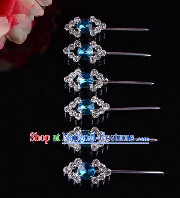 Chinese Ancient Peking Opera Head Accessories Diva Blue Crystal Hairpins Rhombus Step Shake, Traditional Chinese Beijing Opera Princess Hua Tan Hair Clasp Head-ornaments