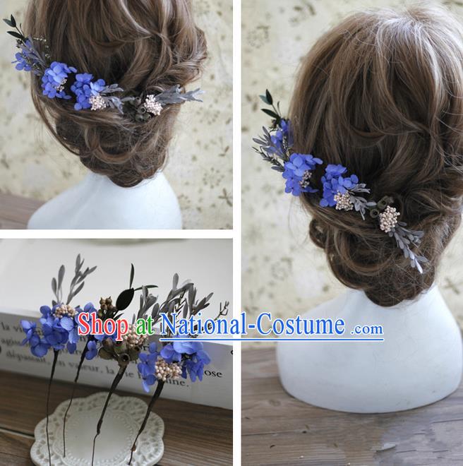 Top Grade Handmade Wedding Bride Hair Accessories Blue Flowers Hairpin Complete Set, Traditional Princess Baroque Headpiece for Women