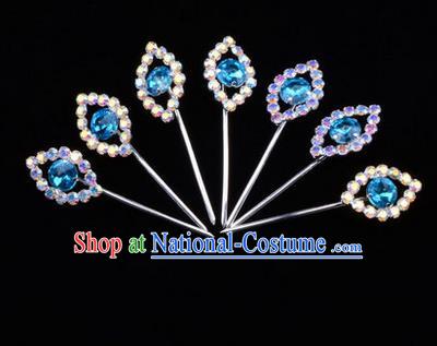 Chinese Ancient Peking Opera Head Accessories Diva Blue Crystal Hairpins Step Shake, Traditional Chinese Beijing Opera Princess Hua Tan Hair Clasp Head-ornaments