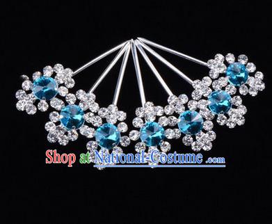 Chinese Ancient Peking Opera Head Accessories Diva Blue Crystal Hairpins Step Shake, Traditional Chinese Beijing Opera Princess Hua Tan Hair Clasp Head-ornaments