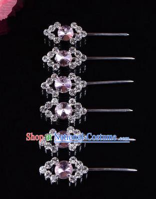 Chinese Ancient Peking Opera Head Accessories Diva Pink Crystal Hairpins Step Shake, Traditional Chinese Beijing Opera Princess Hua Tan Hair Clasp Head-ornaments