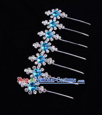 Chinese Ancient Peking Opera Head Accessories Diva Blue Crystal Hairpins, Traditional Chinese Beijing Opera Princess Hua Tan Hair Clasp Head-ornaments