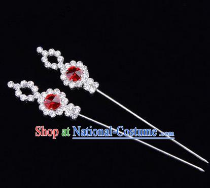 Chinese Ancient Peking Opera Head Accessories Diva Red Crystal Hairpins, Traditional Chinese Beijing Opera Princess Hua Tan Hair Clasp Head-ornaments GuDuo Needle