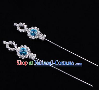 Chinese Ancient Peking Opera Head Accessories Diva Blue Crystal Hairpins, Traditional Chinese Beijing Opera Princess Hua Tan Hair Clasp Head-ornaments GuDuo Needle