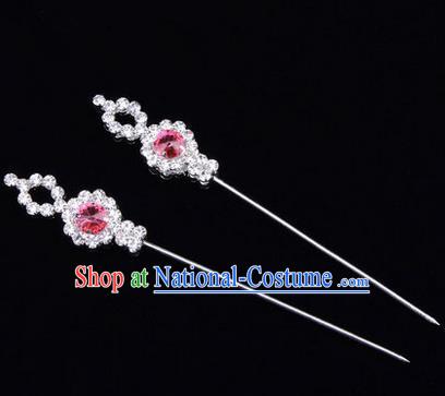 Chinese Ancient Peking Opera Head Accessories Diva Pink Crystal Hairpins, Traditional Chinese Beijing Opera Princess Hua Tan Hair Clasp Head-ornaments GuDuo Needle