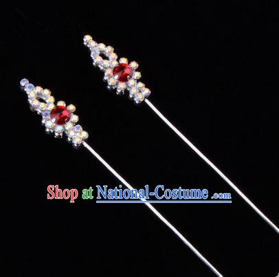 Chinese Ancient Peking Opera Head Accessories Diva Colorful Red Crystal Hairpins, Traditional Chinese Beijing Opera Princess Hua Tan Hair Clasp Head-ornaments GuDuo Needle