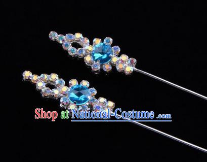 Chinese Ancient Peking Opera Head Accessories Diva Colorful Blue Crystal Hairpins, Traditional Chinese Beijing Opera Princess Hua Tan Hair Clasp Head-ornaments GuDuo Needle